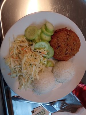 Kotlet z fasoli, ryż, ogórki, surówka z białej kapusty. at Bar Dobrze in Klodzko