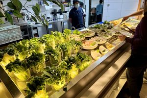 Buffet with plenty of fresh greens for hot pot or saladd #Veganuary at Puti Vegetarian in Xiamen