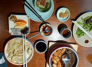 Mushroom dumplings, Tofu and mushrooms, deep fried green beans and fermented soy beans (Sufu) at Puti Vegetarian in Xiamen