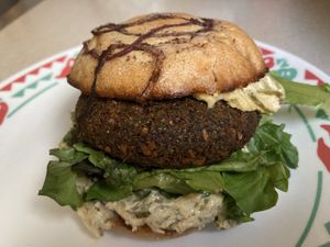 Sweet-onion falafel burger! Vegan as is. at World Street Kitchen in Minneapolis