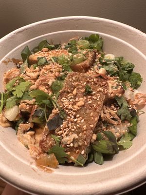 Crispy marinated tofu yum yum rice bowl  at World Street Kitchen in Minneapolis