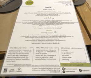 Menu at apeti in Paris