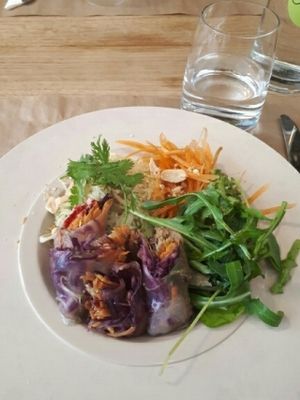 Main course with vegan spring rolls at apeti in Paris