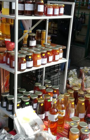Homemade jams, syrups and rakia at Farmers' Market Rimskata Stena in Sofia