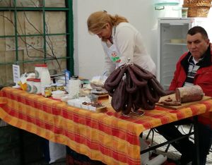 Meat and dairy products - milk, yogurt and salami  at Farmers' Market Rimskata Stena in Sofia