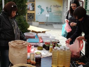 Vinegar, jams, pickles and some fresh veggies at Farmers' Market Rimskata Stena in Sofia