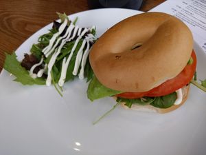 Vegan bagel with tomato, vegan mayo and avocado at Fjara Cafe Bar in Lerwick