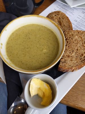 Spicy broccoli soup and walls bakery bread at Fjara Cafe Bar in Lerwick