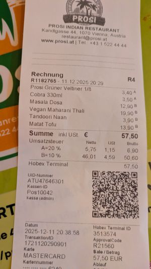 Bill at Prosi Indian Restaurant in Vienna