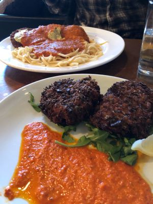 Crabless cakes, eggplant parmigiana in back  at O'D's Tavern in Nyack