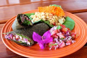 kale chia tortillas with macadamia veggies  and coliflower rice at Eva's Garden Vegetarian and Vegan Restaurant in Quepos
