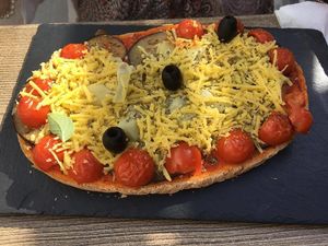Bruschetta with vegetables (artichokes, eggplant, zuchini) and vegan cheese  at Vega'Sun in Golfe-juan