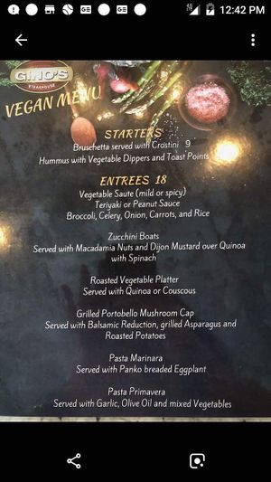 Vegan menu Sept. 2018.  Not listed is the vegan Bananas Foster dessert. at Ginos in Dyer