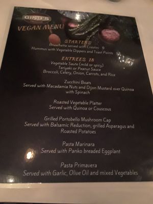 Vegan menu Nov. 2018 at Ginos in Dyer
