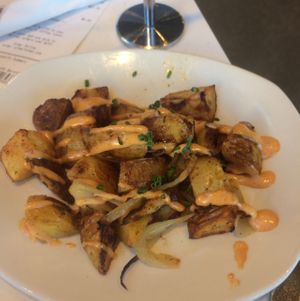 Roasted potatoes topped with chipotle sauce  at LYFE Kitchen in Valencia