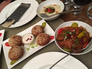 Falafel, Eggplant Dip and Moussaka at Sir Hanry's in Brussels
