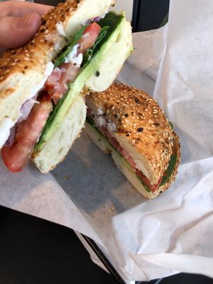 Veggie bagel with vegan cream cheese  at Cool River Coffee House & Bakery in Breckenridge