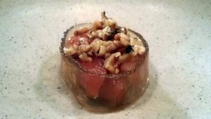 Fruit and walnuts in an agar shell.  Really fresh, sweet taste with interesting texture! at Please in Cincinnati