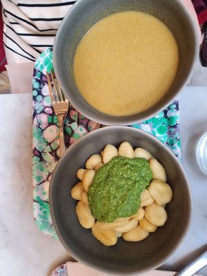 Gnocchi and corn soup at Maisie Cafe in Paris