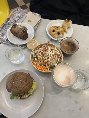 Banana bread, focaccia, the Thai salad (a bit boring and expensive) and the avocado sandwich which was very good! The hot chocolate was a bit watery.  at Maisie Cafe in Paris