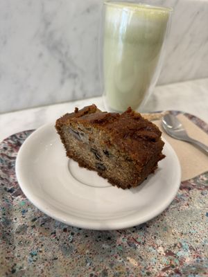 Banana bread and matcha latte  at Maisie Cafe in Paris
