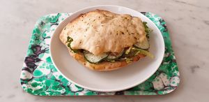Focaccia with hummous aubergine and tzatziki at Maisie Cafe in Paris