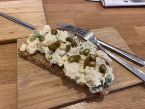 Vegg sandwich (also available on pita): I expected more from the bread, but it tasted plain. The eggsalad had a mild, creamy taste, but I didn’t like the pickles and raw onions.  at Baking Lab in Amsterdam