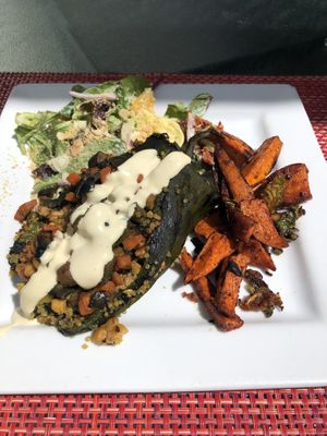 Stuffed pepper with citrus salad and sweet potatoes special of the day  at Green Door Cafe in La Jolla
