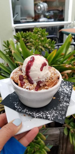 Vegan apple and strawberry cobbler with vegan ice cream. at Green Door Cafe in La Jolla
