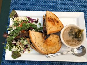 Sandwich and side soup at Green Door Cafe in La Jolla