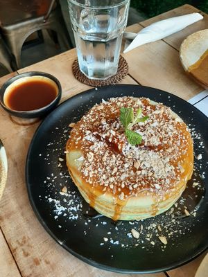 Pandan caramelized pineapple pancakes w dulce de leche sauce at Nonie's in Boracay