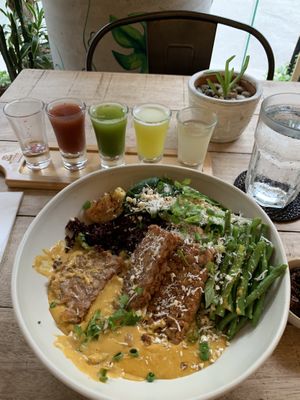 Juice shots and some dish with tempeh   at Nonie's in Boracay