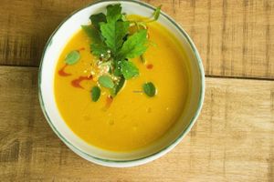 Pumpkin Soup with Vegan Lavosh Bread 
Puree pumpkin, toasted cashew nuts , greens  served with freshly baked vegan bread at Nonie's in Boracay