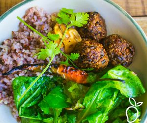 Vegan Chorizo Bowl 
Vegan Chorizo Balls, seasonal greens and sorghum at Nonie's in Boracay
