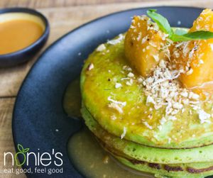 Pandan and Pineapple Pancakes - vegetarian
Three fluffy pandan pancakes served with braised pineapple and coconut dulce de leche sauce  at Nonie's in Boracay