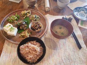 Delicious selection of veggies and tofu with brown rice and miso soup at Vegetus Sara in Kagoshima