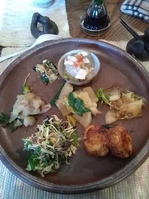 Vegan lunch set plus miso soup and brown rice at Vegetus Sara in Kagoshima