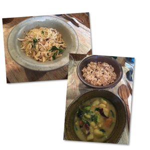 Mushroom pasta and coconut curry  at Vegetus Sara in Kagoshima