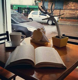 A rainy day, a cocoa tea and a good book in Wadaka at Wadaka Bites in Bogota