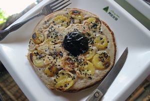 Vegan banana, coconut milk and native homemade chocolate pancake at Villa Sandra in Malapascua Island