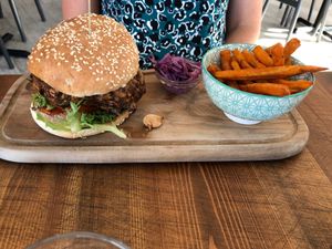 Jackfruit burger and sweet potato fries at Bluebell Coffee UK in Swansea