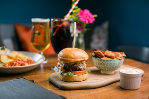 Seitan Burger, Chips & Homemade vegan slaw at Bluebell Coffee UK in Swansea