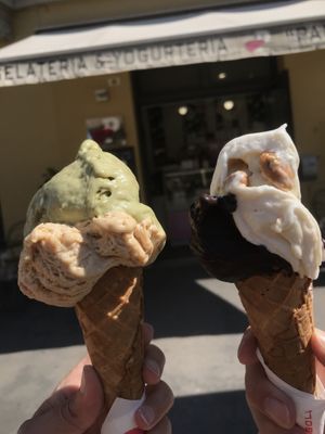 Pistachio with salted peanut and mandorla with chocolate fondente   at Panna & Fragola in Ravenna
