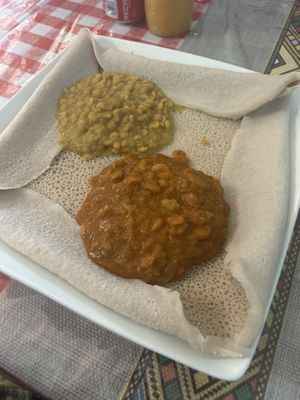 Bakela wot and Kik alicha wot over injera  at Tigi's Ethopian Restaurant  in Ellicott City