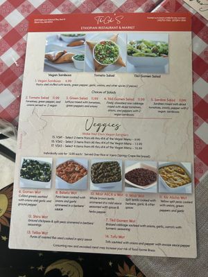 Veggie menu  at Tigi's Ethopian Restaurant  in Ellicott City