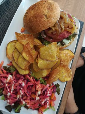 Vegan burger with sweet potatoes fries at Vegan Joe's  in Loule