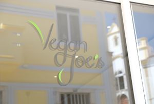 Restaurant window at Vegan Joe's  in Loule