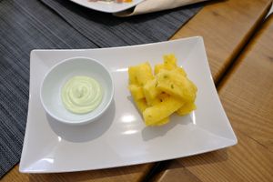 Polenta chips with a great dip!! nhom!!! at Vegan Joe's  in Loule