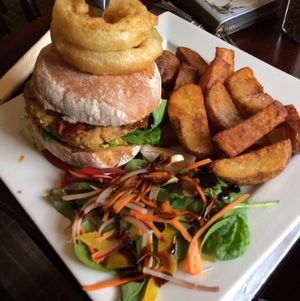 pulled jackfruit and falafel burger  at The Castle Inn  in Skipton