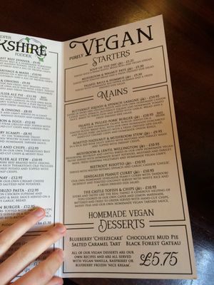 The vegan menu as of June 2017 (may differ). at The Castle Inn  in Skipton